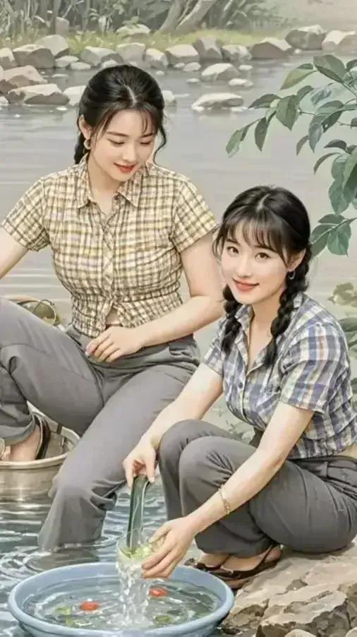 昔日玉女在河边， 笑靥如花美若仙。

 眉目清秀笑容甜，如今头发已花白！