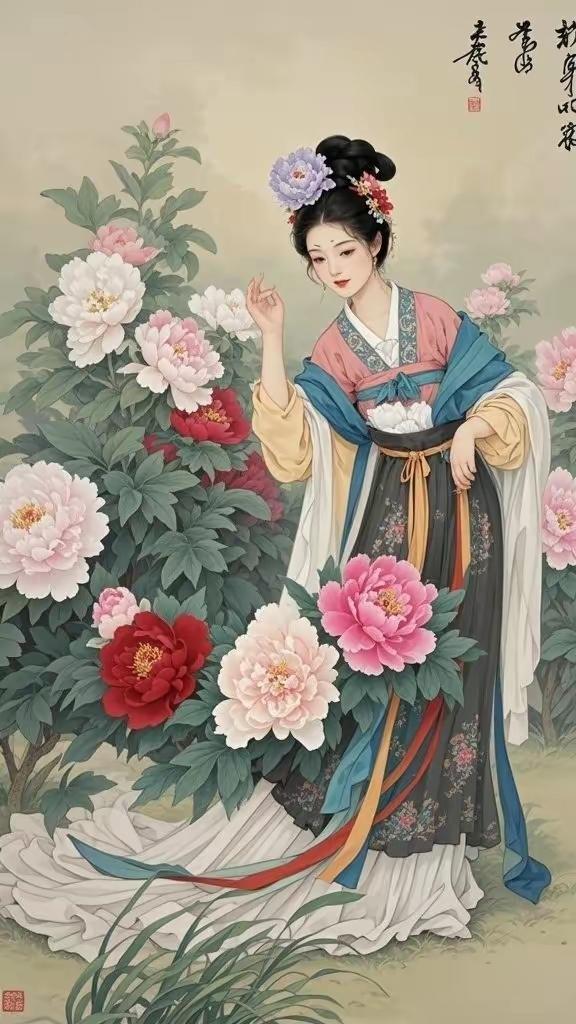 手机壁纸～国色天香，花神入梦。一袭华裳，揽尽人间春色；眉眼含情，醉赏满园芳华