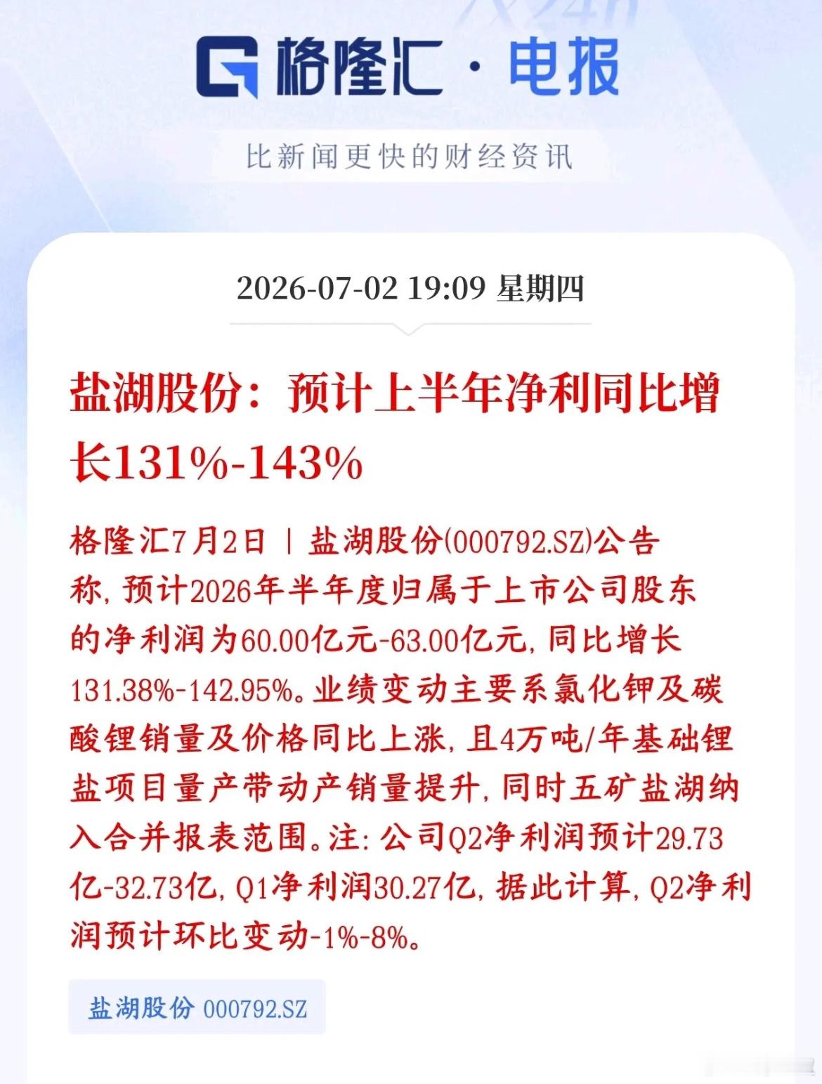 净利暴涨143%！盐湖业绩落地，锂赛道明天稳了！ 