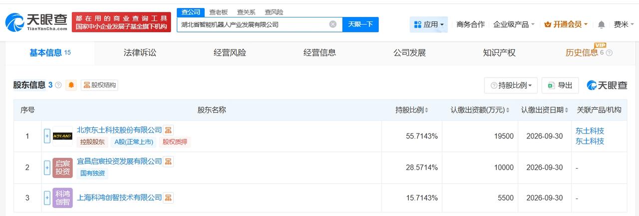 天眼查App显示，近日，湖北省智能机器人产业发展有限公司成立，法定代表人为李平，