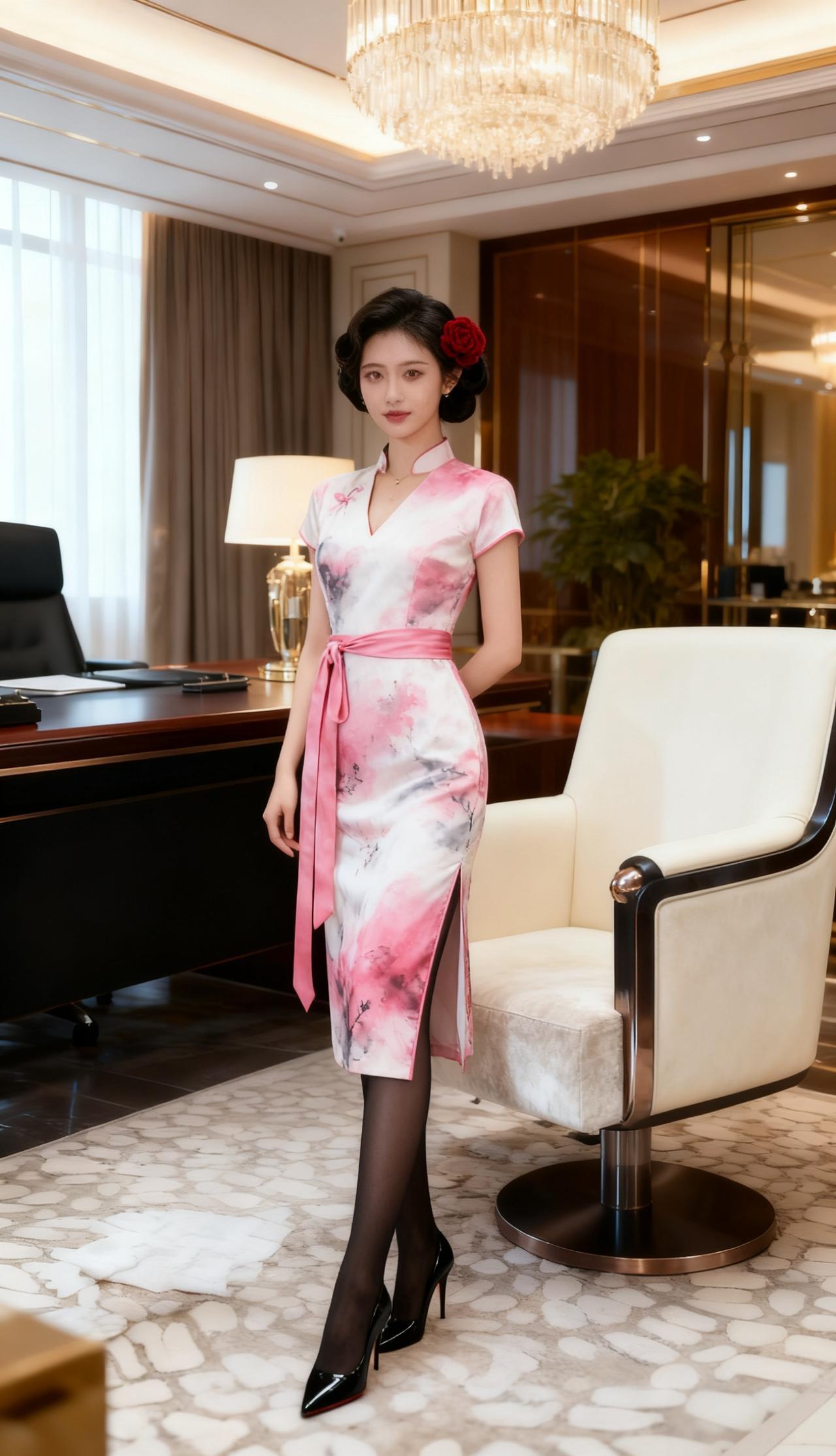 女生穿搭如何又飒又美?
粉白渐变的水墨花纹旗袍。
裙身以粉调晕染出花卉纹理，
腰