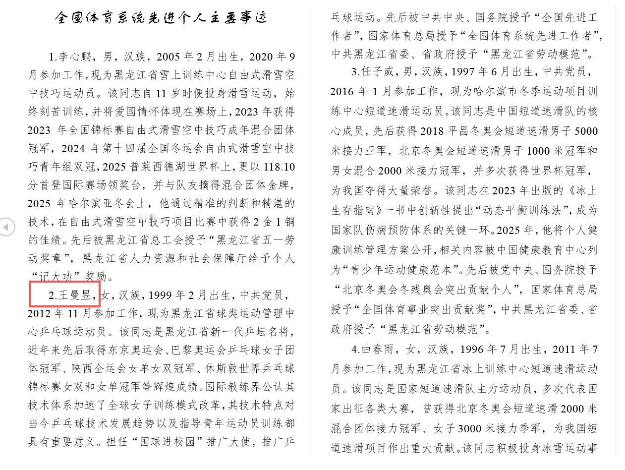 入选全国体育系统先进集体和先进个人评选表彰推荐对象王曼昱入选全国体育系统先进个人