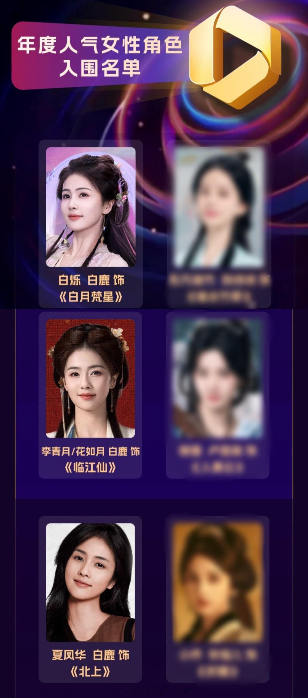 酷云2025年度人气女性角色入围恭喜白鹿三角色入围 白鹿好牛 