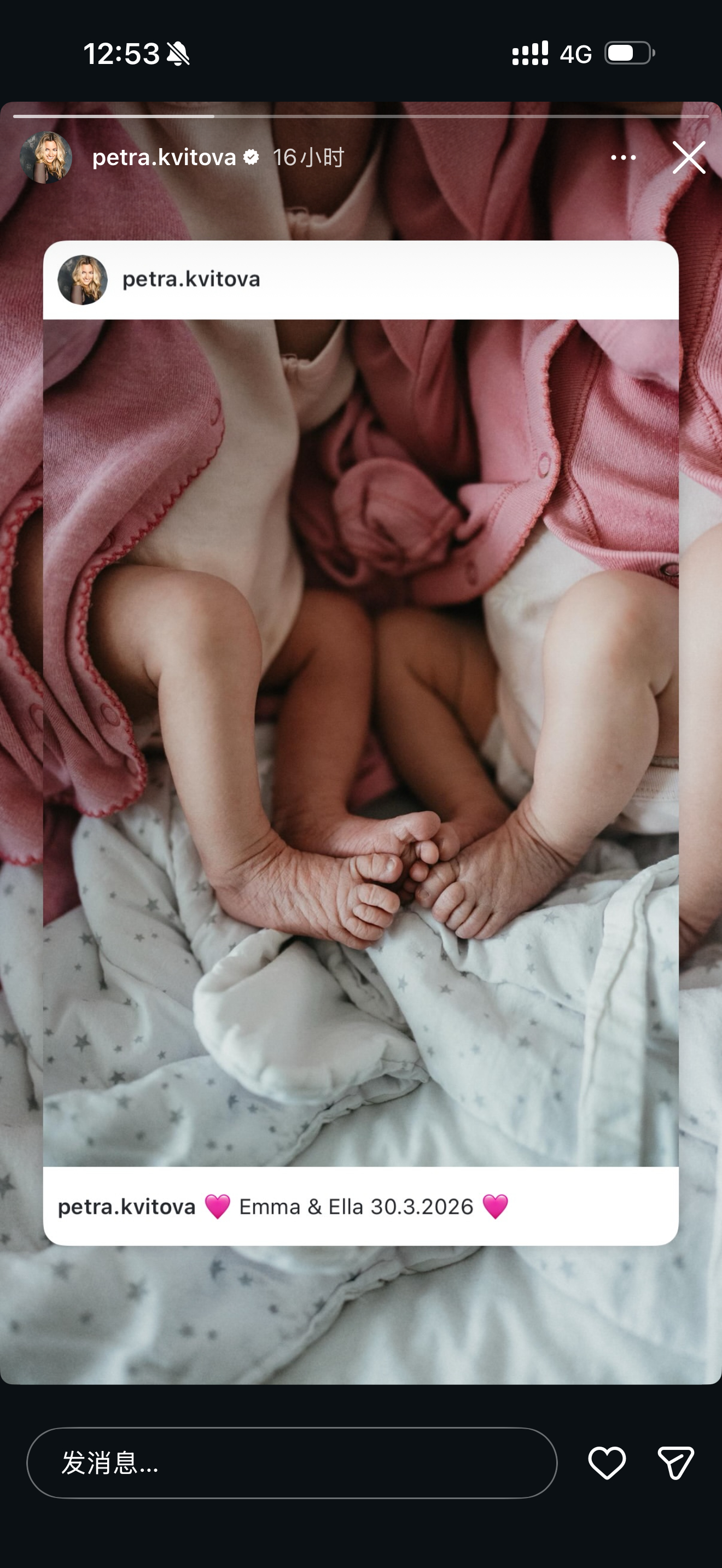 网坛风云 科维托娃ins 官宣生产，看来是一对双胞胎女儿——Emma&Ella，