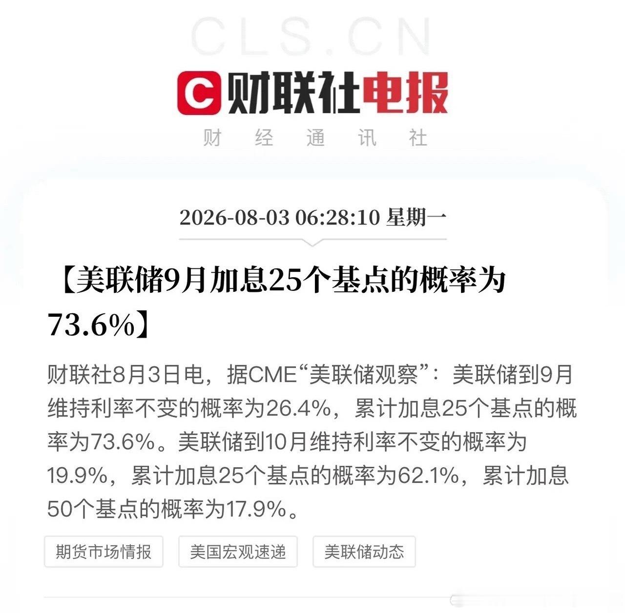 利空预警！9月加息概率飙升压制成长赛道CME美联储观察数据显示，市场押注9月加息