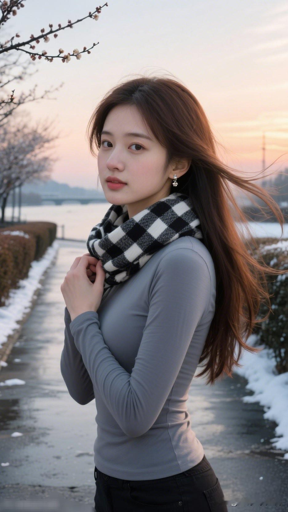 冬日暖阳下的温柔时光，黑白格围巾搭配灰色毛衣，尽显冬日暖意。优雅自信穿搭分享