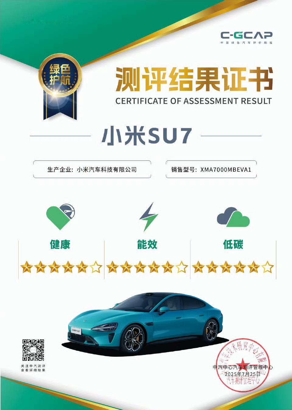 小米汽车小米获得了健康、能效、低碳等三大板块均获五星+最高评级[并不简单]！ ​