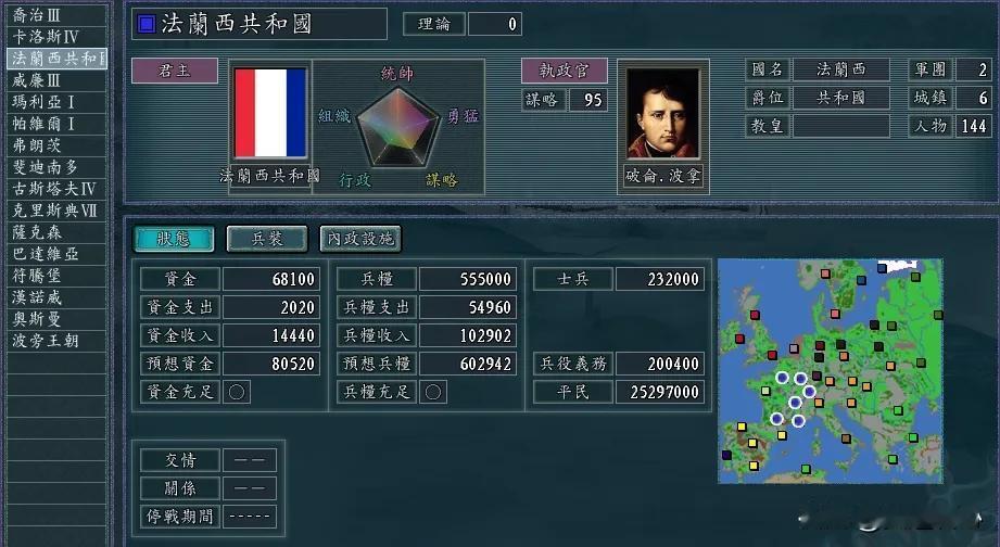 法兰西在三国志11欧陆版开局控制的六座城市，基本盘无与伦比！
首都巴黎，拿破仑亲
