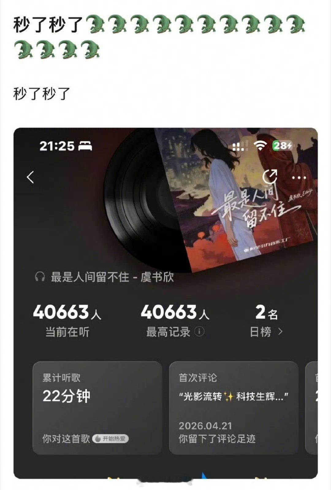 虞书欣的新歌《最是人间留不住》的数据出来了，当前在听人数达到了40663人，这个