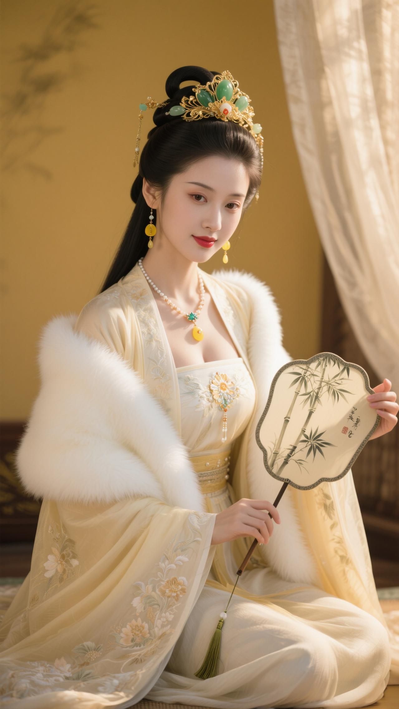 《鹧鸪天·金闺》
 
玉翠簪头暖鬓云，鹅黄纱软衬狐温。
扇裁竹影三分瘦，绣叠花光