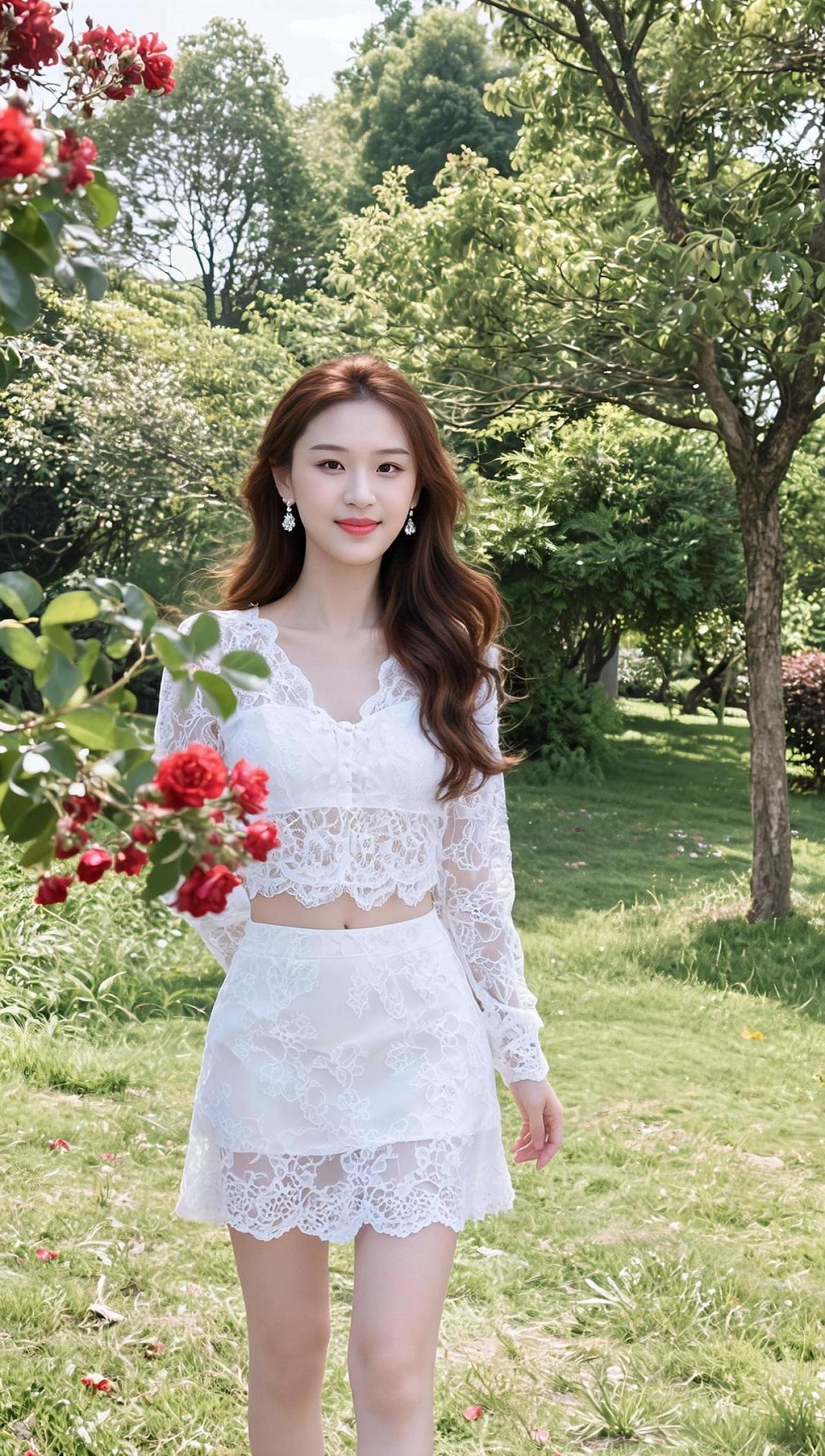 在这片绿意盎然的背景中，一袭白色裙摆如花般绽放。手捧的花束仿佛是大自然的馈赠，与