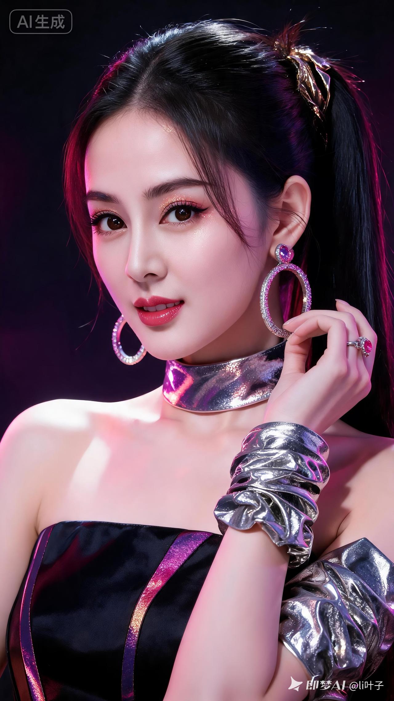美少女惊艳亮相，各式银饰在粉色柔光下流光熠熠，甜飒气质交织碰撞。少女灵动神态尽显