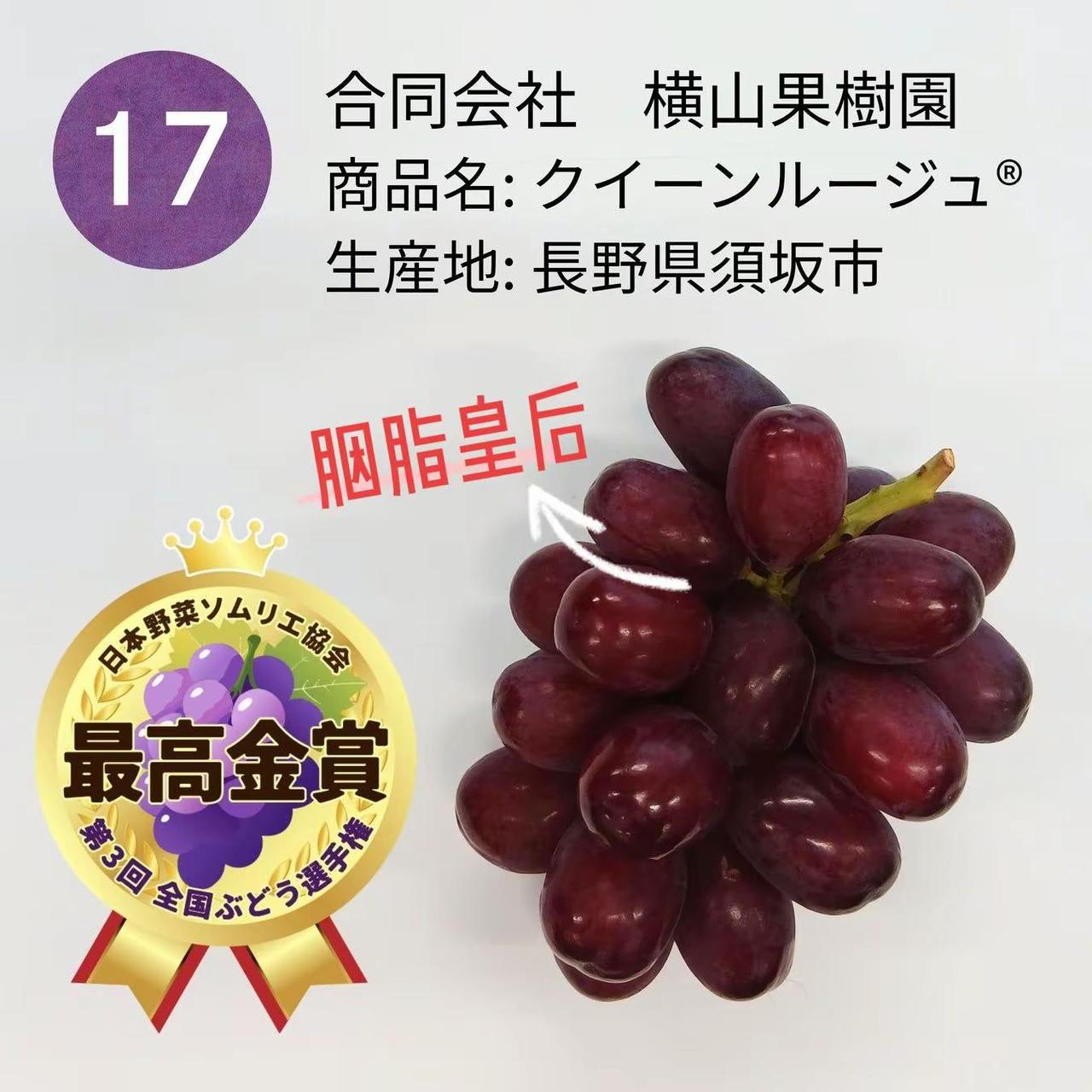 日本蔬菜水果品鉴师协会 第三届2026年全国葡萄选拔赛获奖名单︓最高金奖：胭脂皇