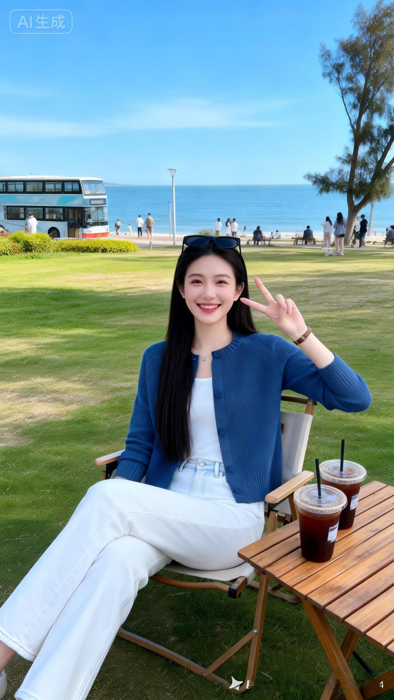 清丽东亚少女黑长直秀发，头顶墨镜身着同款服饰，配白色修身直筒牛仔裤。海边公园坐折