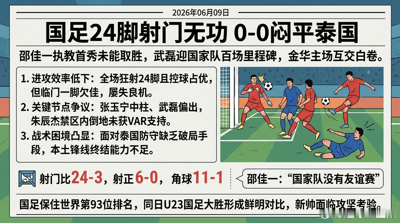 2026年6月9日晚，国际足球邀请赛在浙江金华打响，中国男足主场0比0战平泰国队