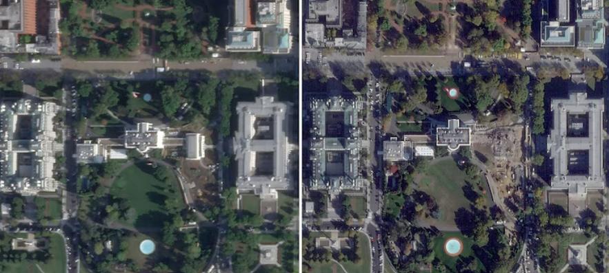 2025 年 9 月 26 日拍摄的卫星照片中的白宫东翼 （L） 以及 2025