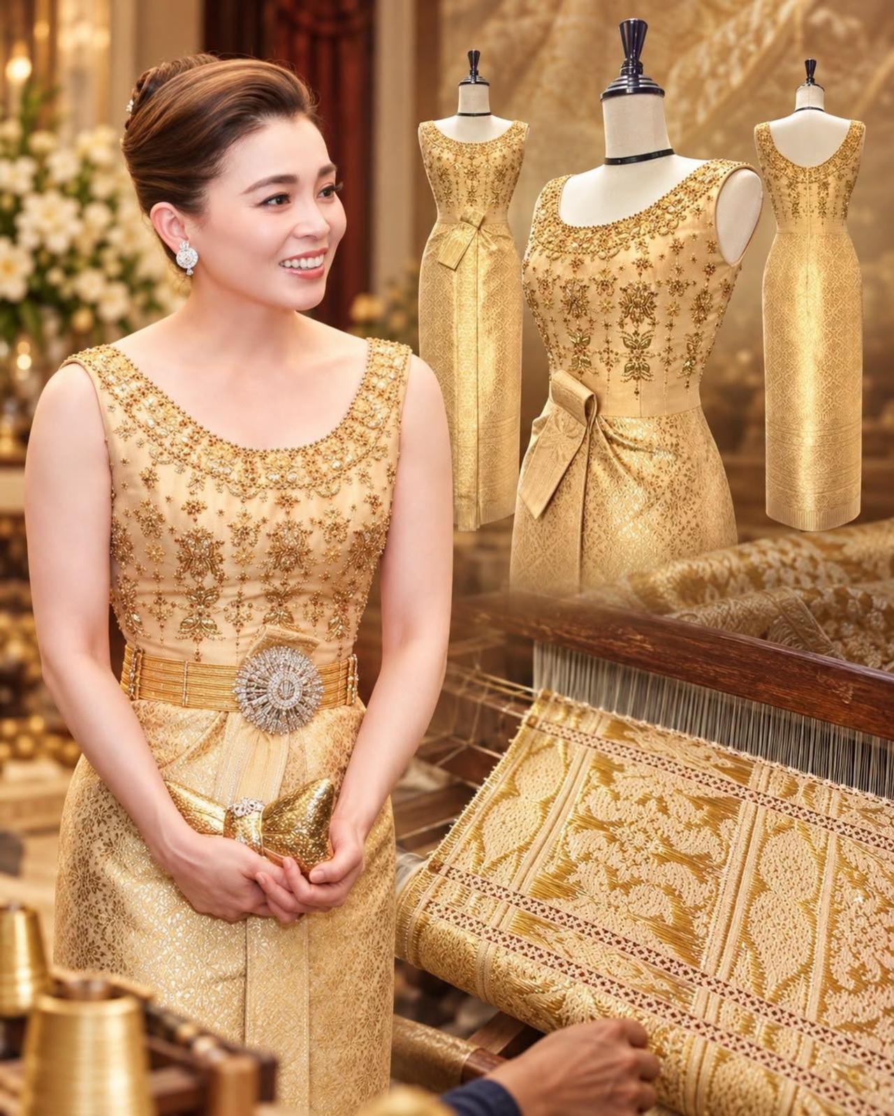苏提达王后金光闪闪，身穿南奔锦缎礼服
你能想象吗？一块来自泰国北部小村庄的丝绸，