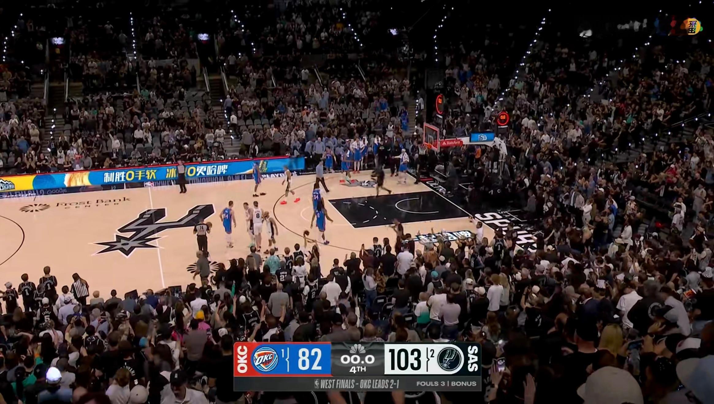 马刺103:82战胜雷霆！总比分扳成2-2平！！！NBA雷霆vs马刺