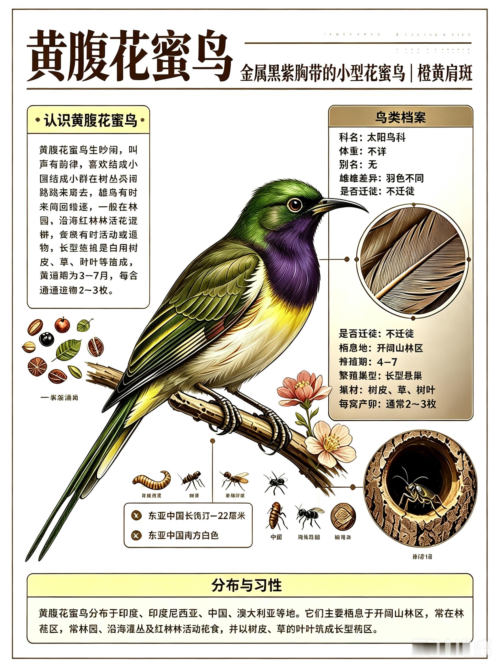 鸟类朋友图鉴 黄腹花蜜鸟科名：太阳鸟科体重：不详别名：无黄腹花蜜鸟生性吵闹，叫声