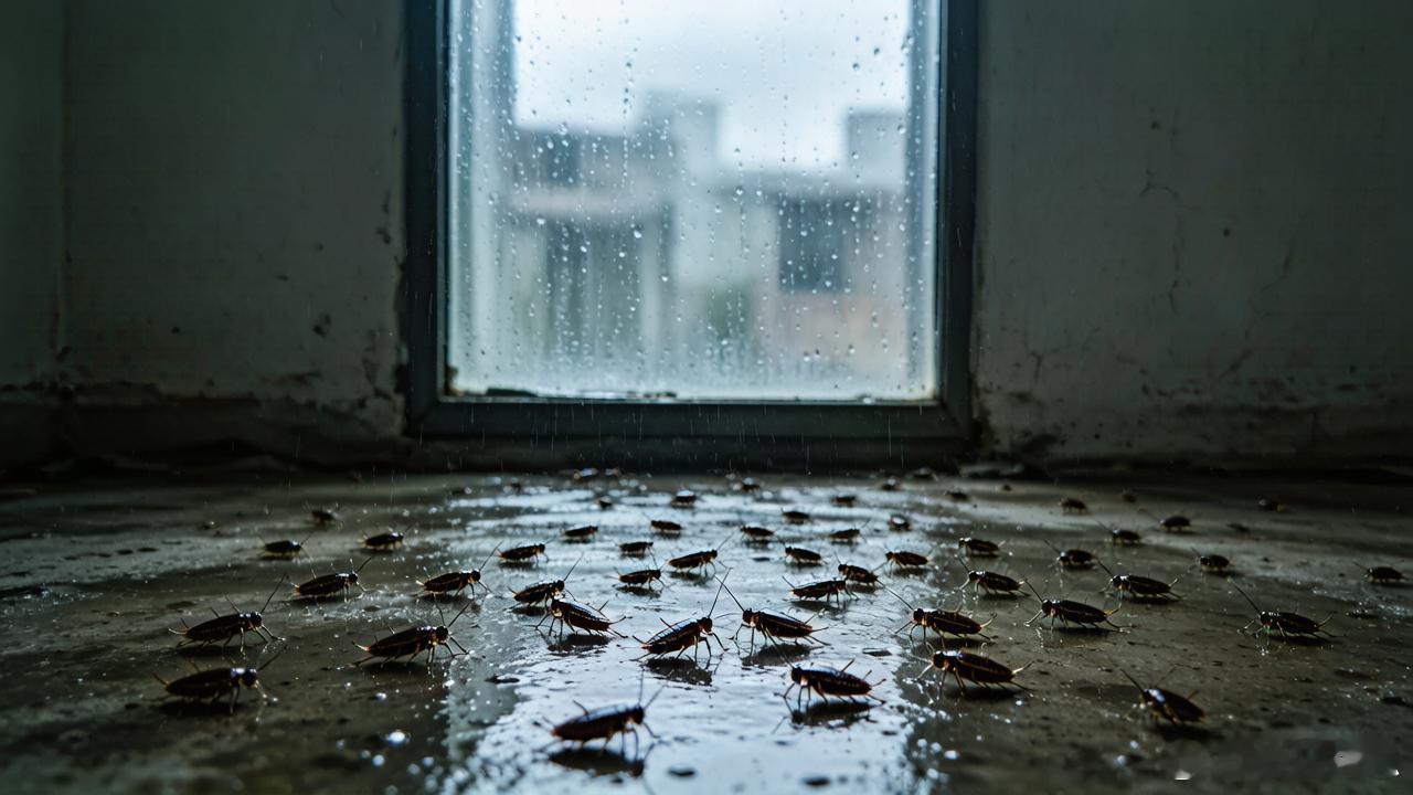 广东暴雨天蟑螂成群出动 近日广东持续强降雨，多地出现蟑螂“迁徙潮”。因地下管网积