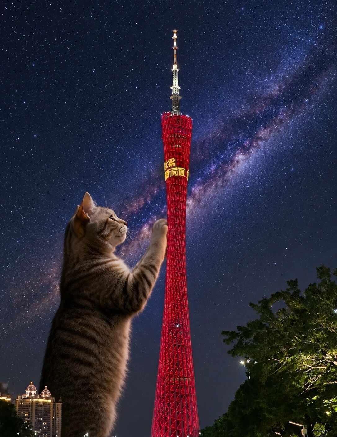 喵：分享广州最适合看银河的机位
银河 猫片 广州塔 猫 广州 ai创意 ai生成