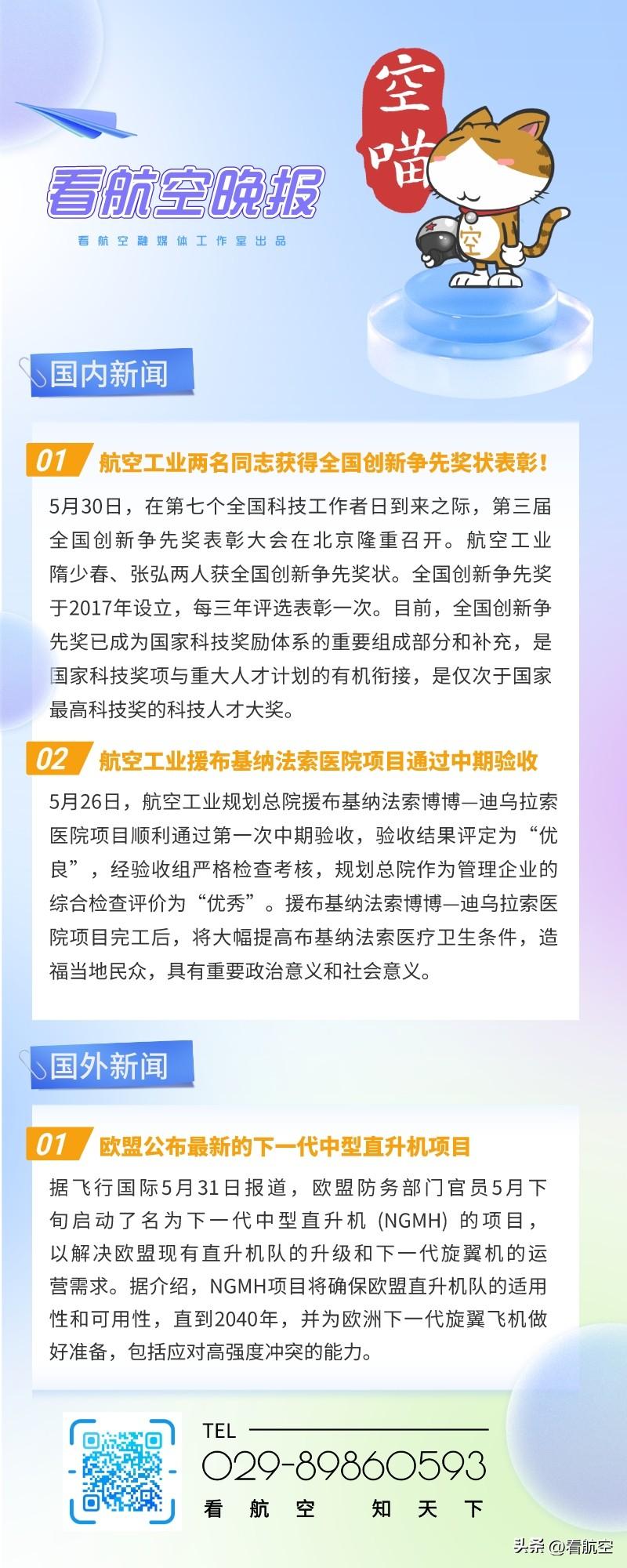 6.1看航空晚报
1、航空工业两名同志获得全国创新争先奖状表彰
2、航空工业援布