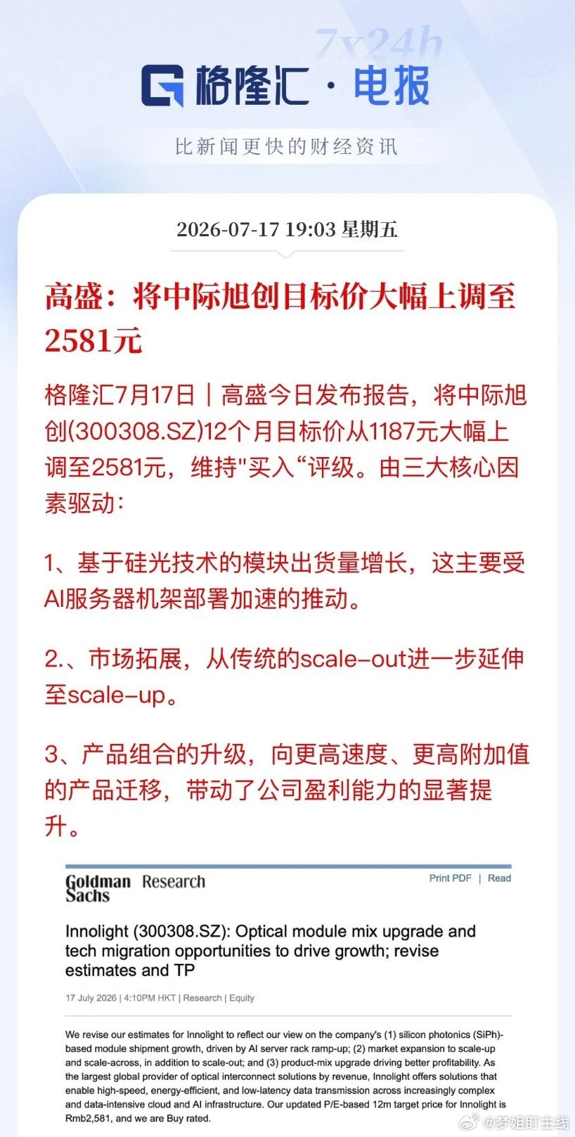 高盛将中际旭创目标价上调至2581元，给出三大成长逻辑，业绩增速亮眼，但该股当日