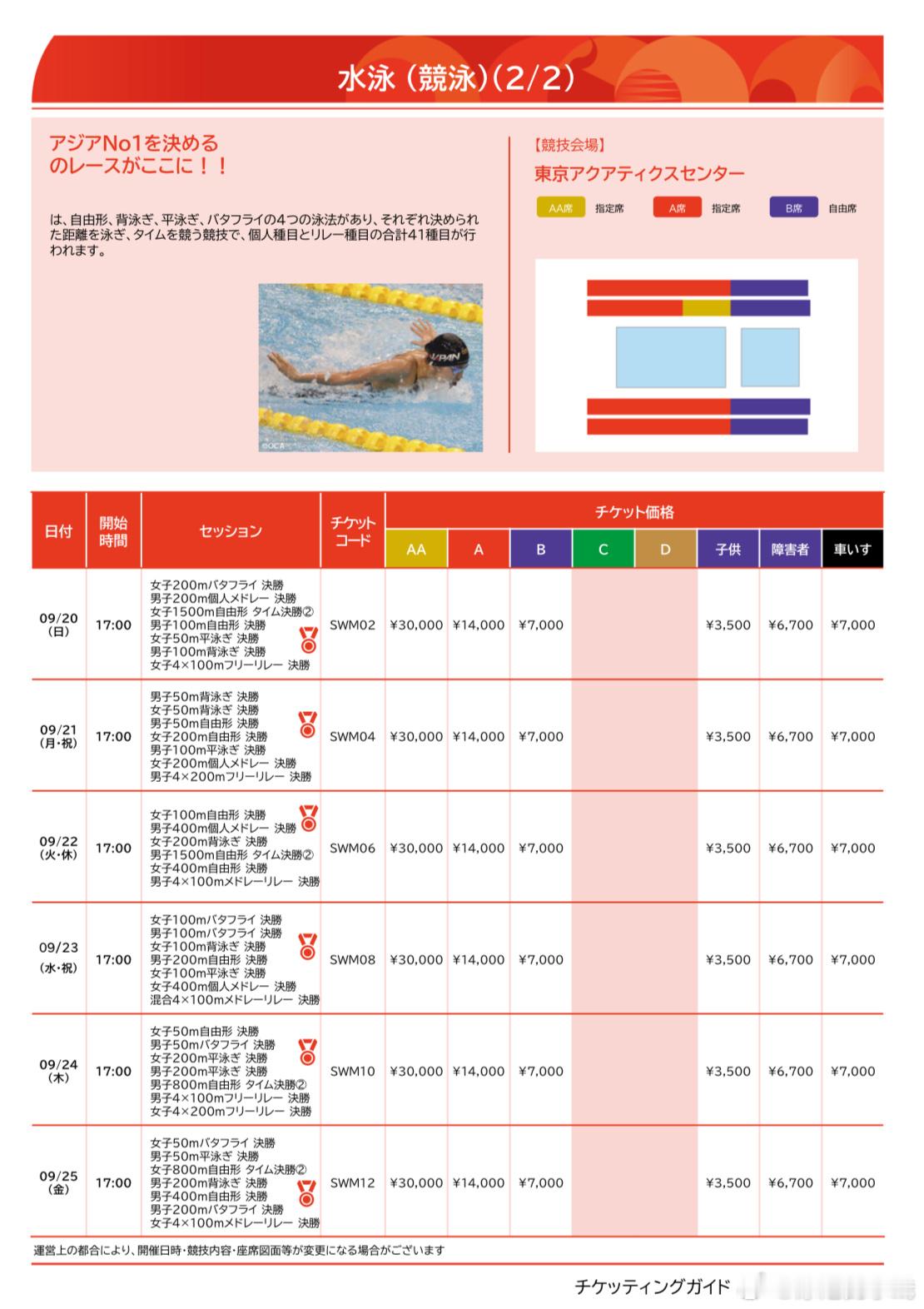 爱知·名古屋亚运会游泳项目票价及售票时间预赛：JPY 7000/ JPY 350