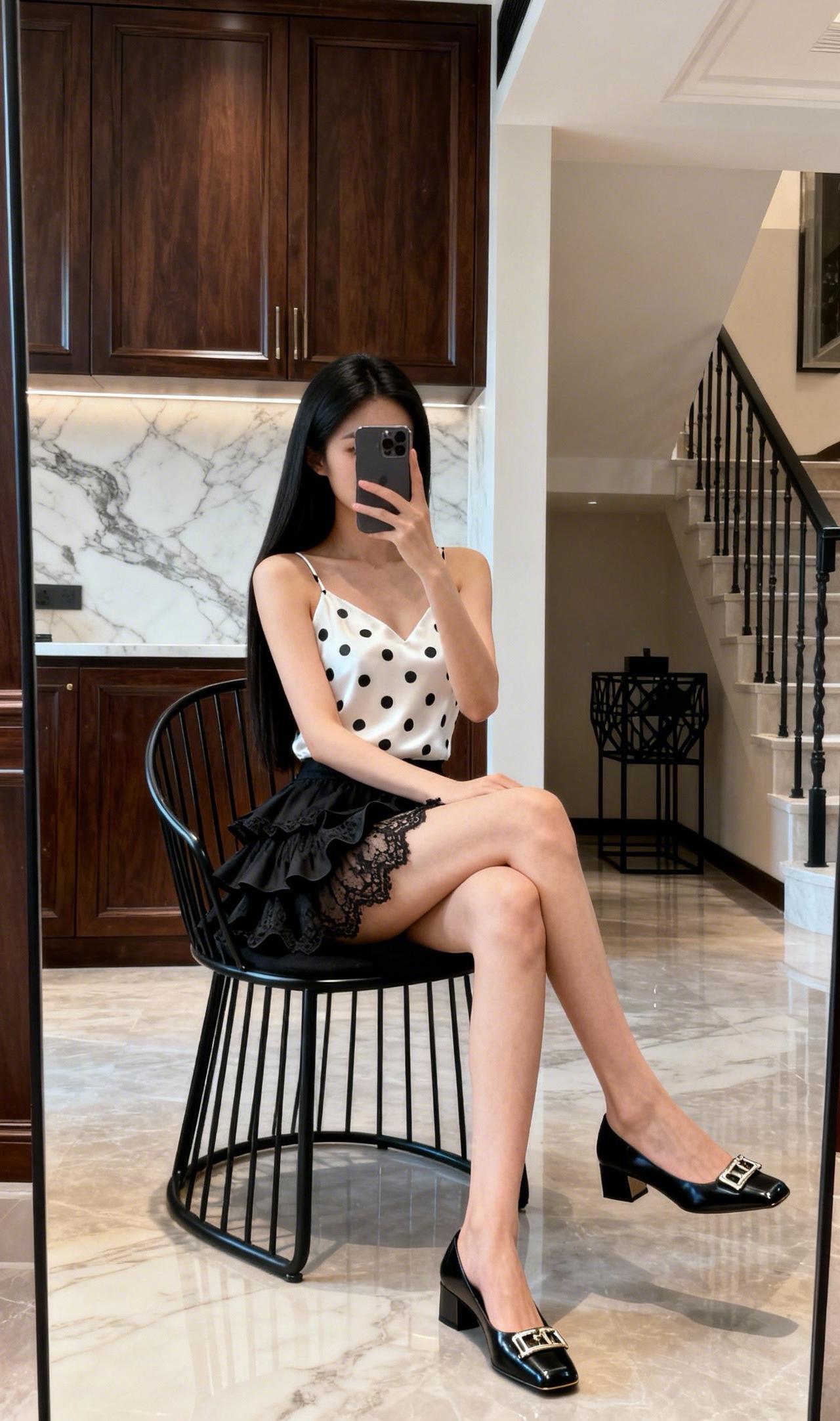 穿着时尚的波点连衣裙，正在家里自拍。主子爱自拍！