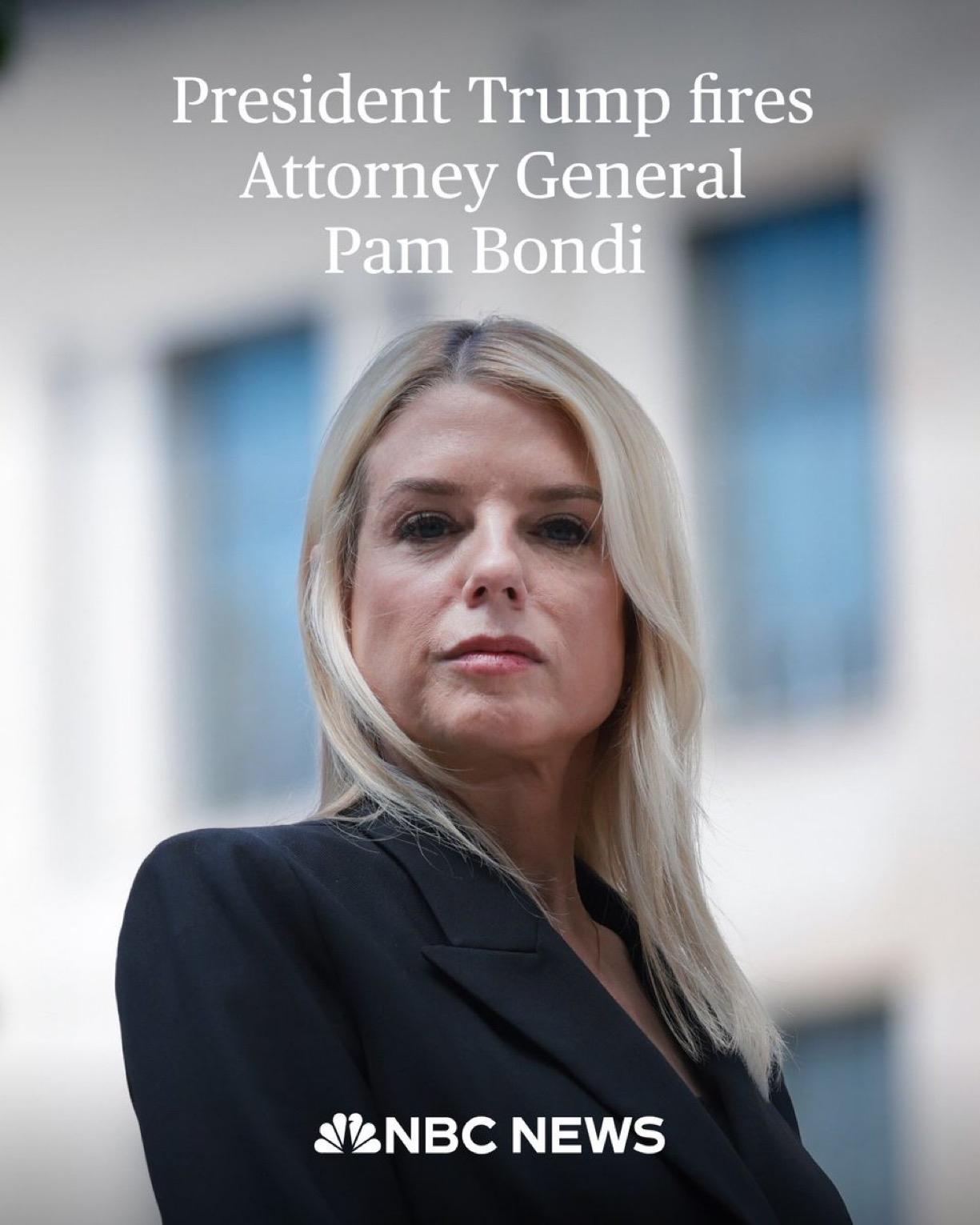 特朗普在真相社交宣布帕姆·邦迪不再担任司法部长。

他说，在她出色地完成了监督全