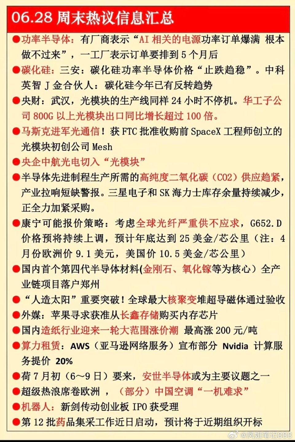 6.28周日  周末热议消息汇总！  1.功率半导体2.碳化硅3.光模块出口4.