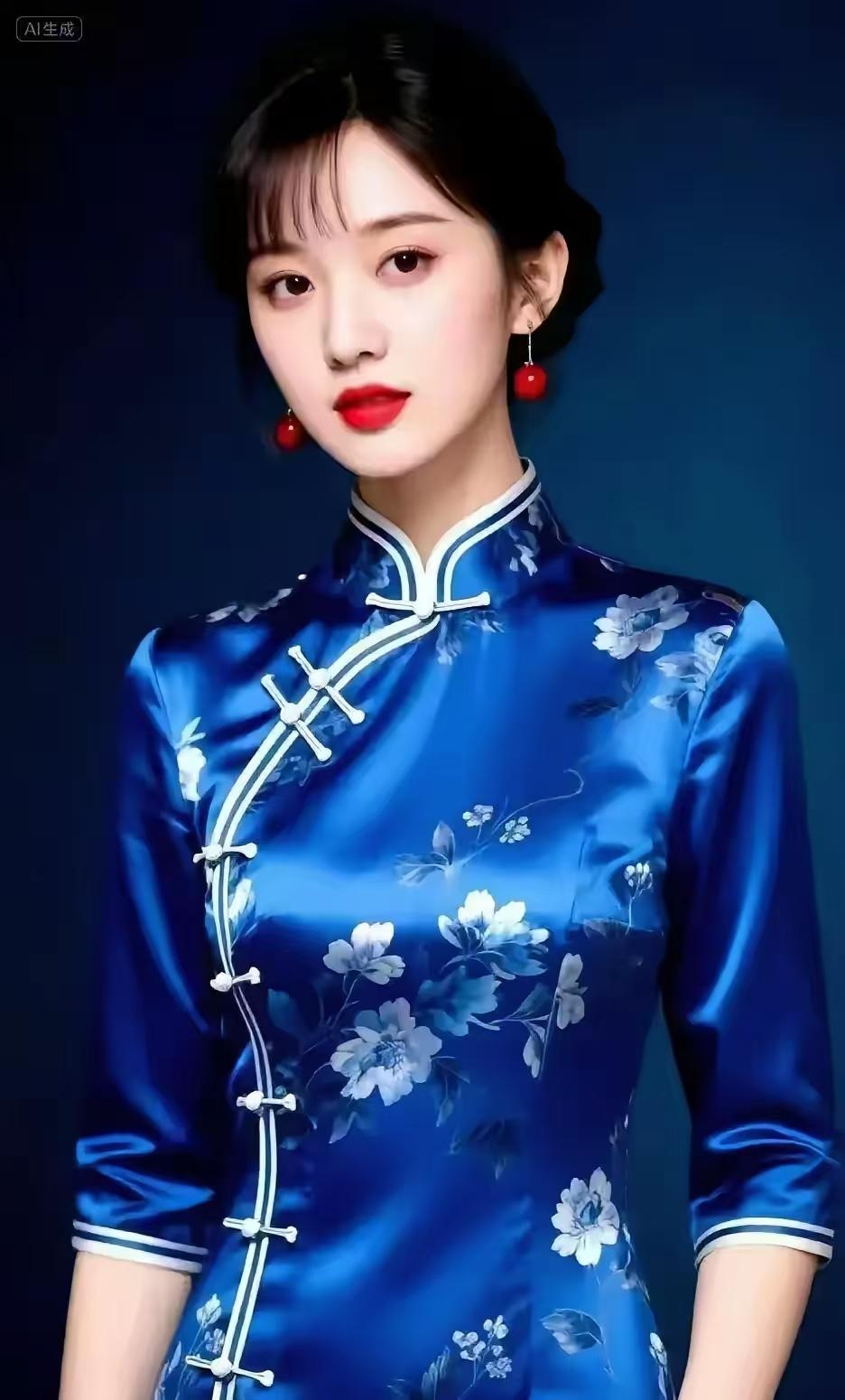 水仙子·蓝旗袍韵
幽蓝旗袍韵悠长，
静谧深沉意未央。
剪裁合度身姿漾，
盘扣如珠