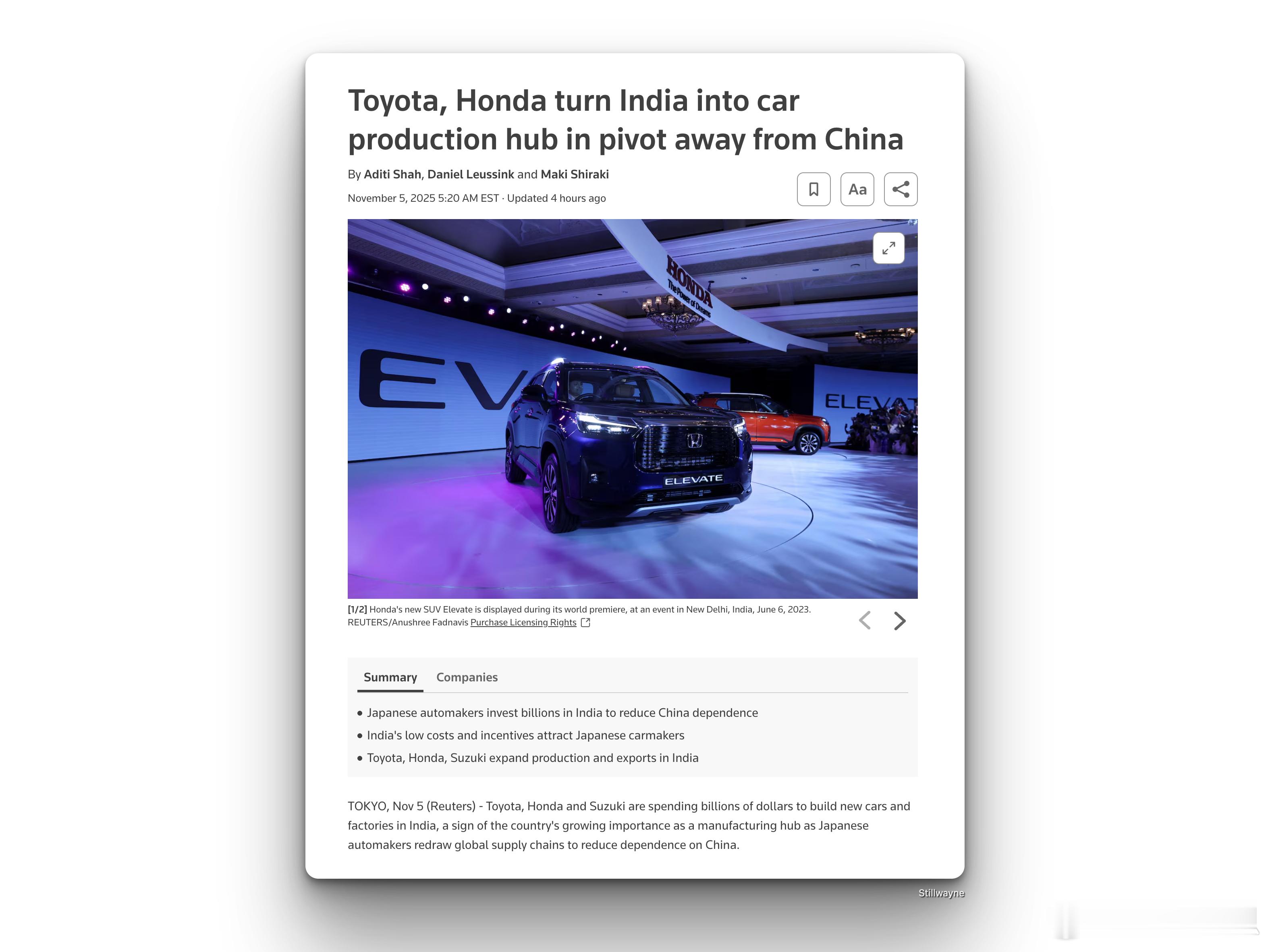 丰田和本田正将印度打造为汽车生产中心，以摆脱对中国的依赖—丰田、本田和铃木正在印