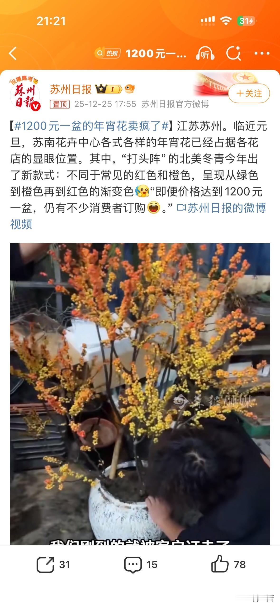 坐标苏州，1200一盆的年宵花卖疯了！

呵呵，有苏州人出来炫耀一下不[呲牙][