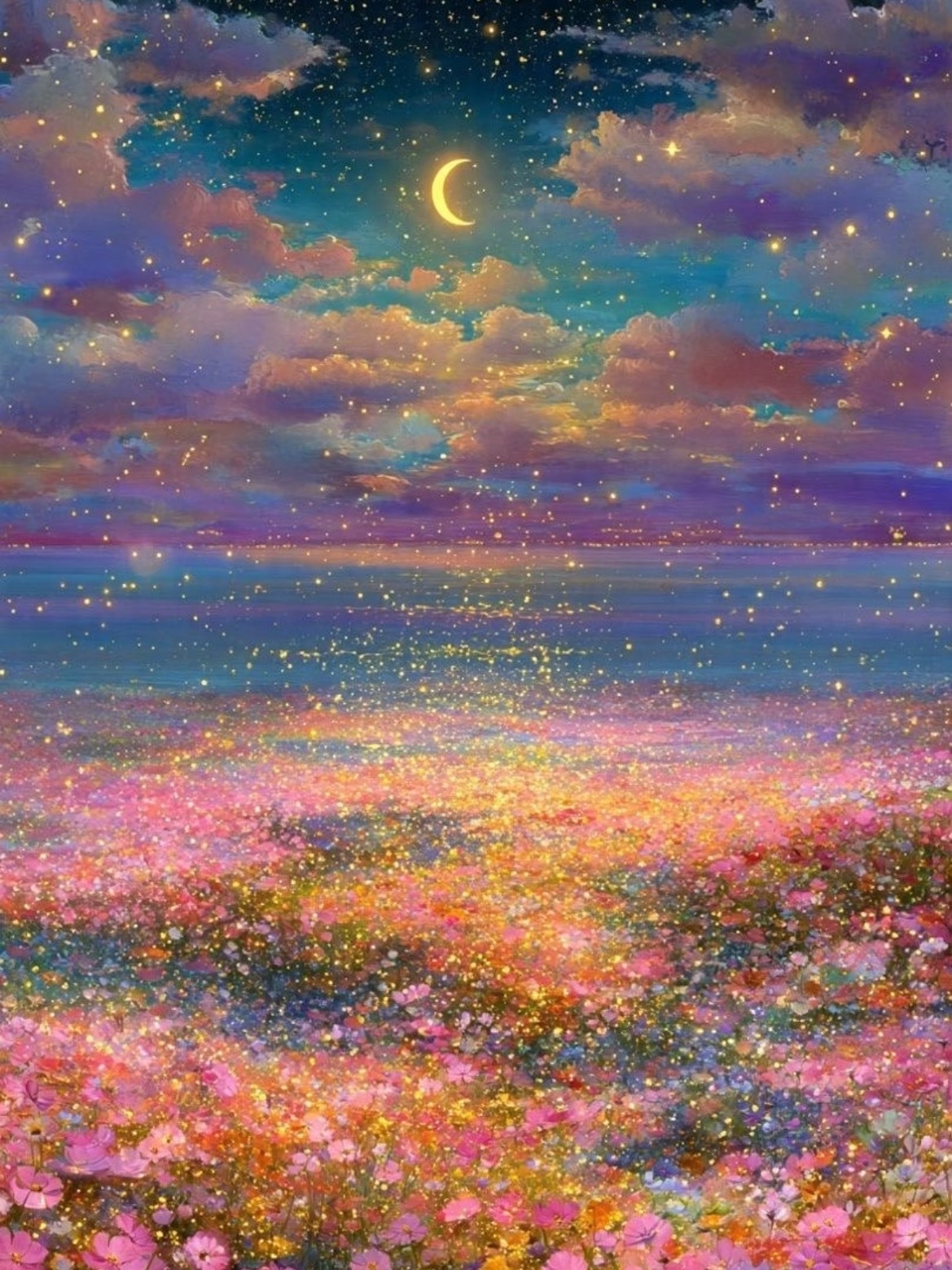 星光落满花海，晚风捎来温柔，祝你好梦沉沉。 