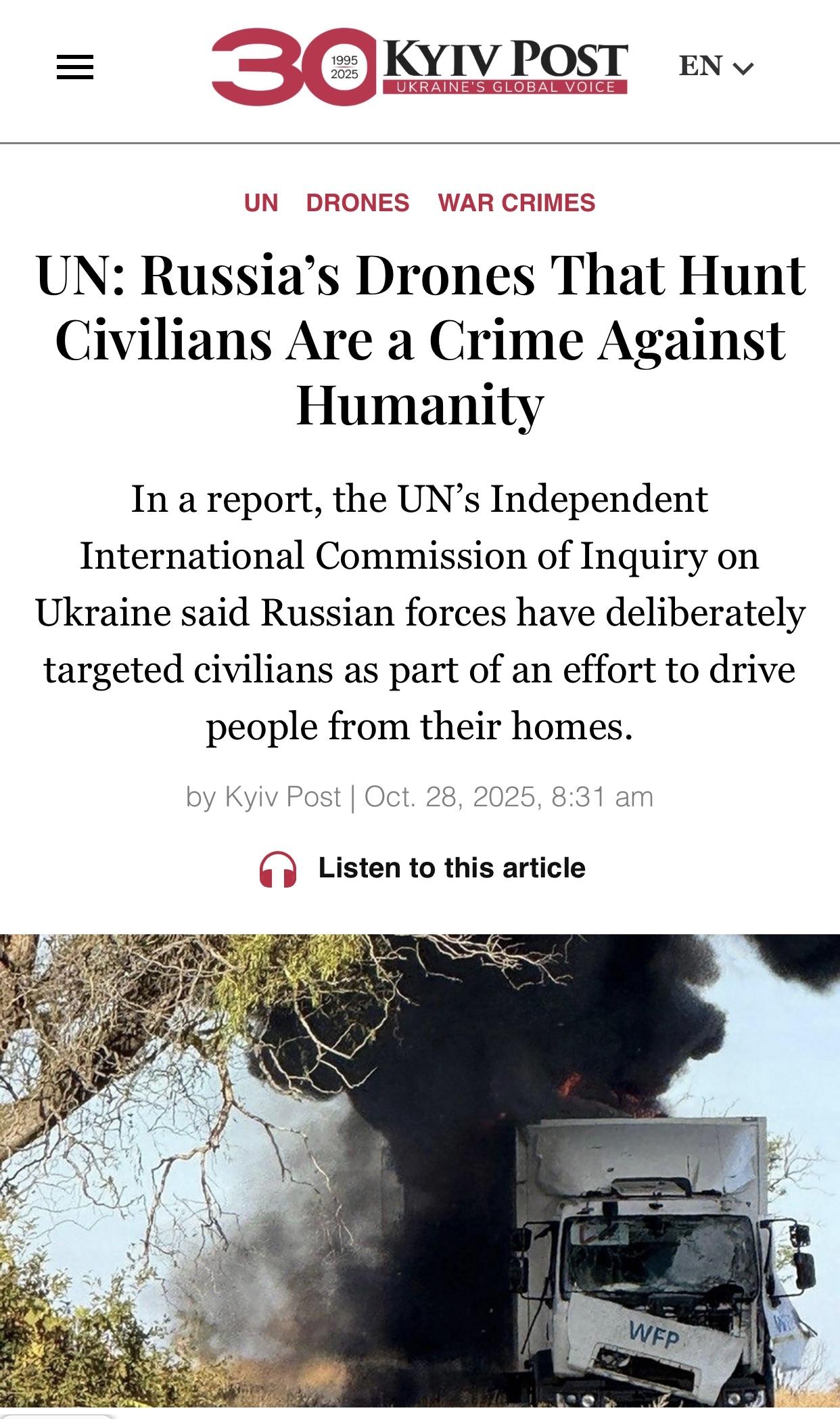 乌媒：联合国调查报告指”俄罗斯无人机猎杀平民属反人类罪”

乌克兰《基辅邮报》官