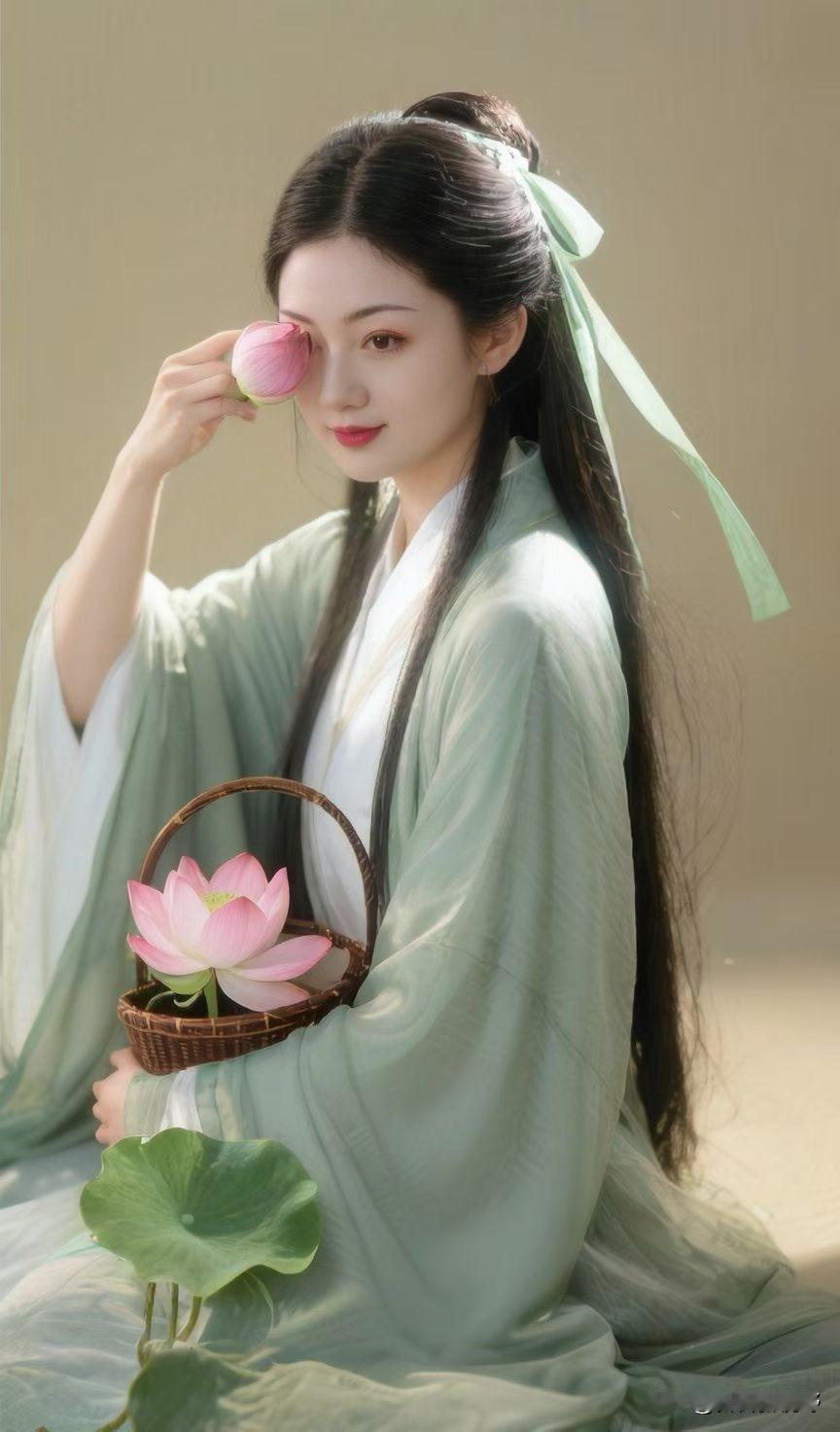 古风少女与莲花共舞，静谧时光的诗意之美🌸💫莲花清雅 莲花自然风光 莲花盛开的