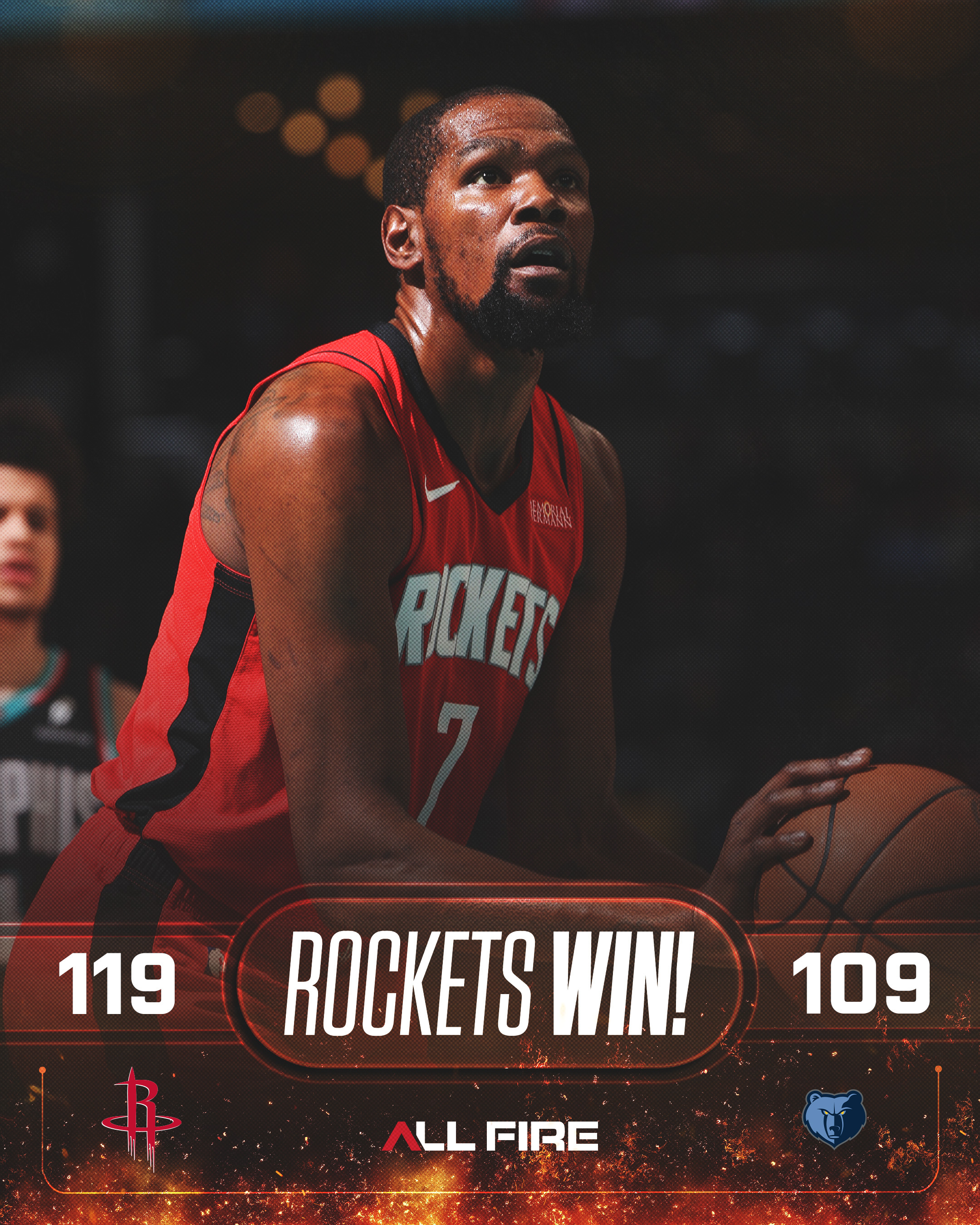 全场比赛结束！火箭119-109灰熊！杜兰特25分6板10助、史密斯21分16板