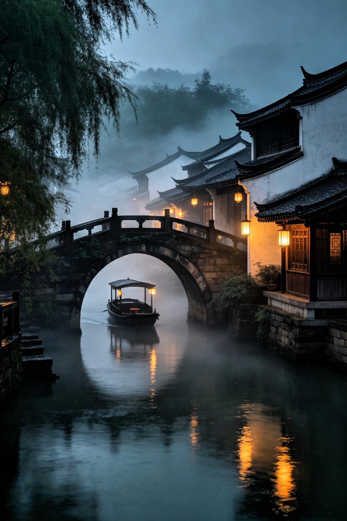 烟雨水乡行（七律）

 
漫空烟雨锁汀沙，十里桃枝映碧霞。

曲径繁花随岸绕，平