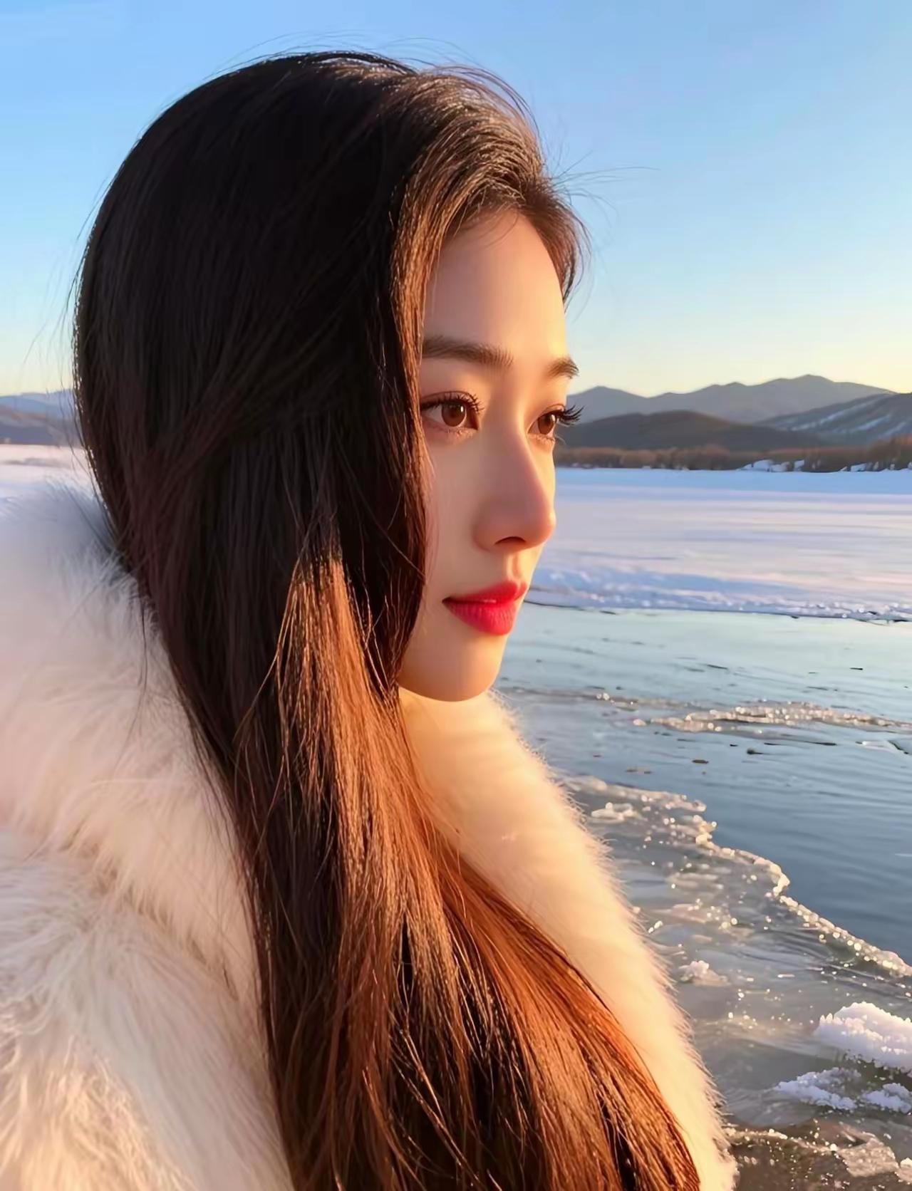 冰河映红妆，雪地映美人。