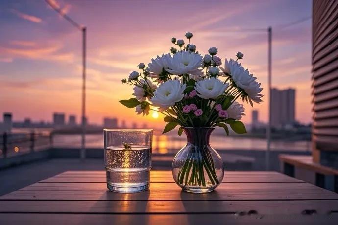 落日余晖下，静享一杯暖语奶茶与一束鲜花真的很惬意啊🌸🌼温柔风下午茶