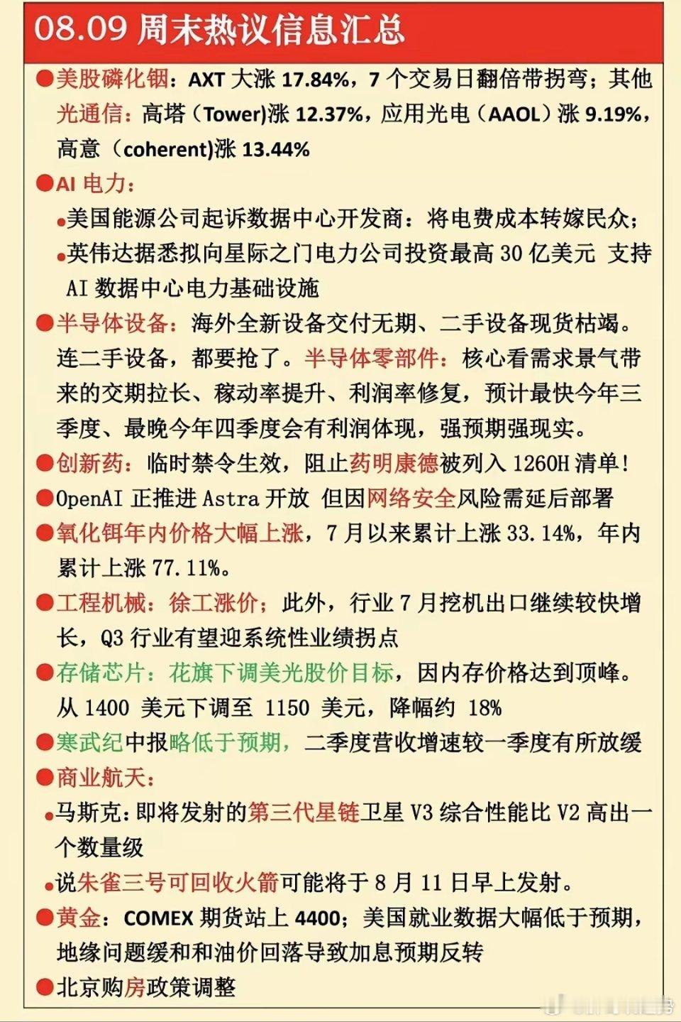 8.9周日  周末财经要闻汇总！1.磷化铟2.电力AI3.半导体设备4.创新药5