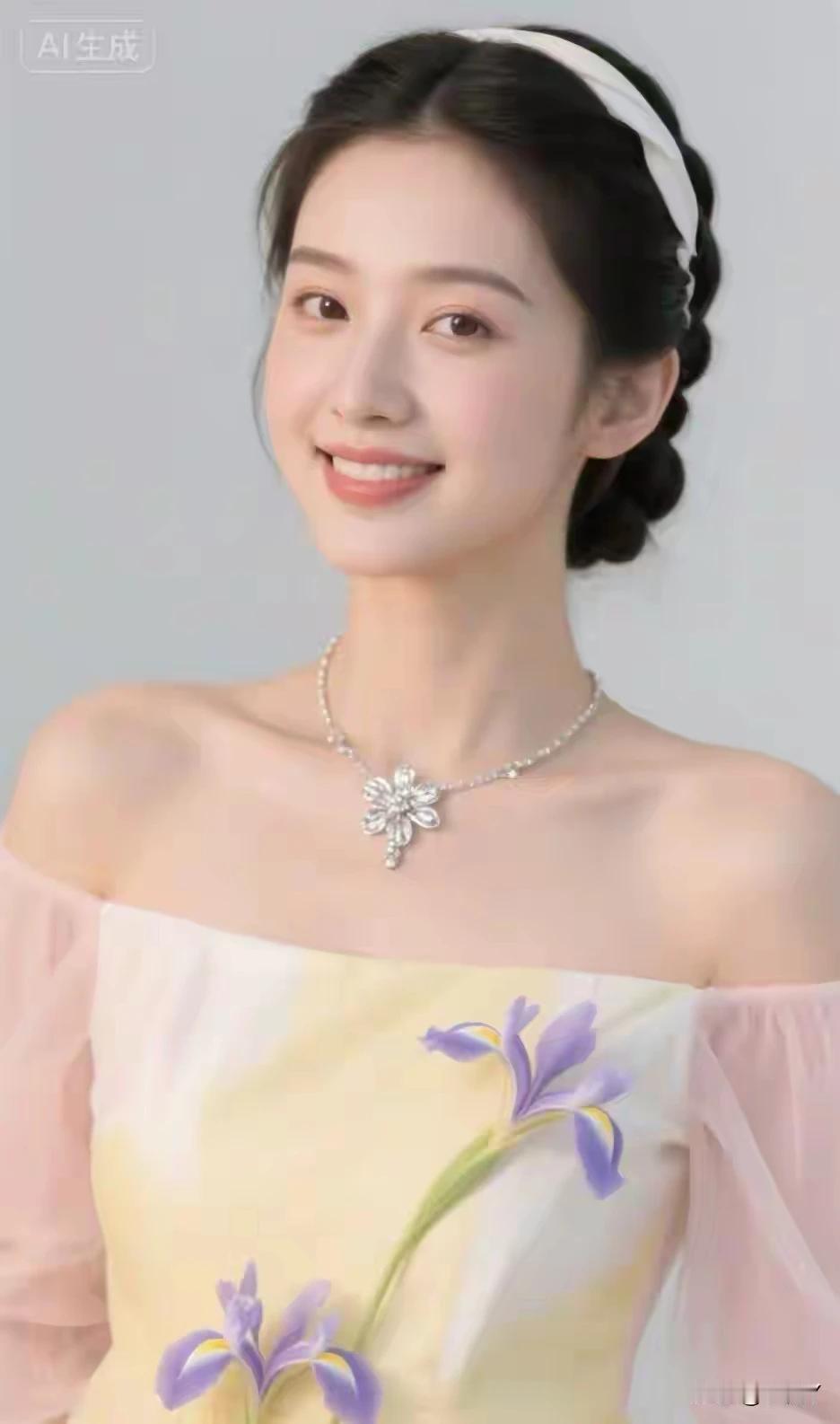 出水芙蓉，亭亭玉立
淡黄露肩，玉雪纺裙
清新梦幻，绝色佳人
冰肌玉骨，明眸皓齿