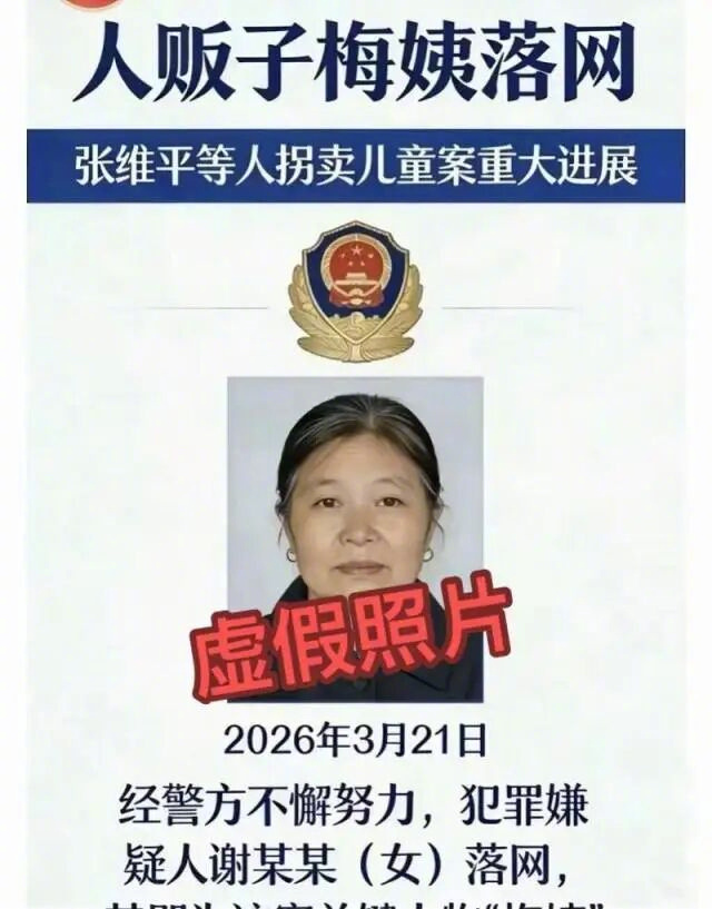 【相关部门辟谣网传梅姨照片】据南方都市报消息，近日，一张标有警徽、配着所谓落网“
