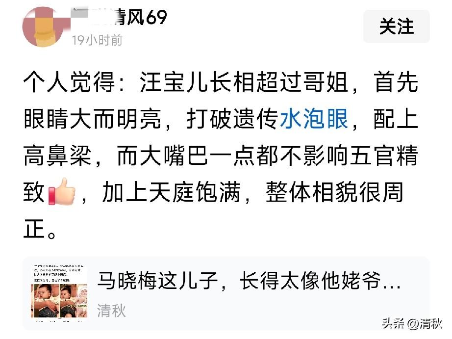 马晓梅的儿子汪宝儿长得像极了湾湾的姥爷，他就是一个普通孩子的长相和智商，不接受反