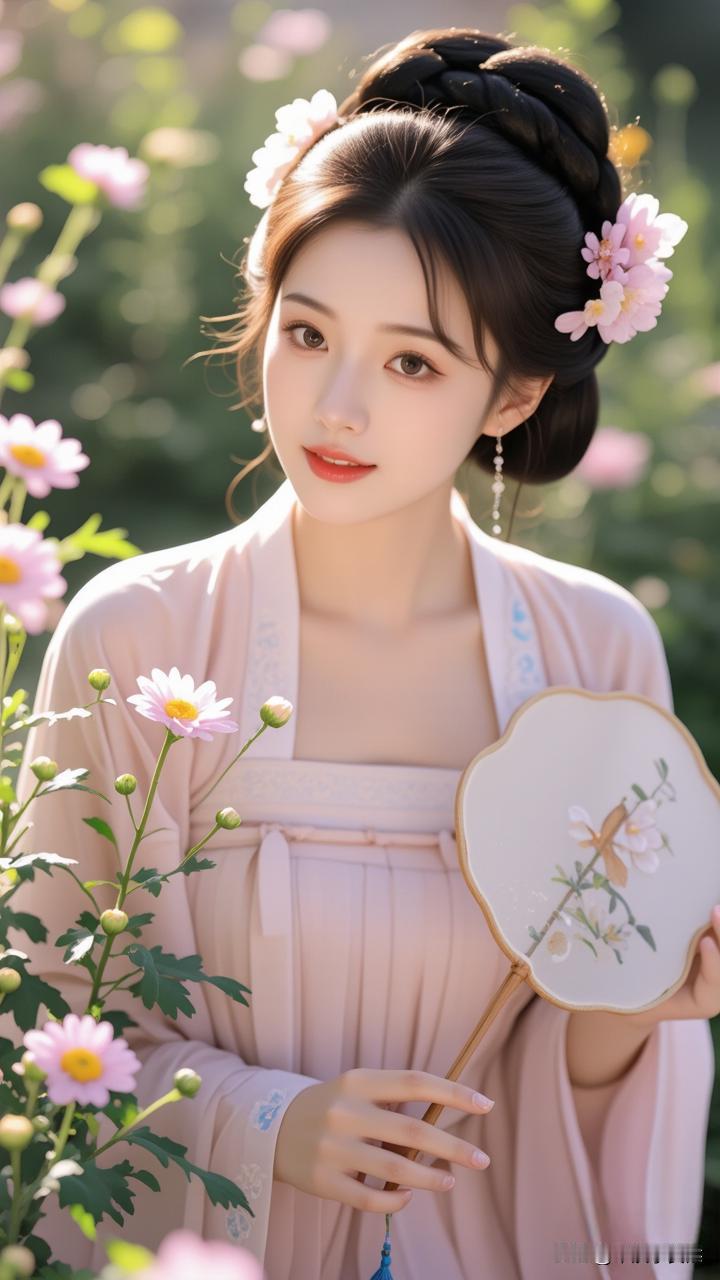 古典美人手持团扇，花海中翩翩起舞，宛如画中仙子。美人照怎么拍才好看