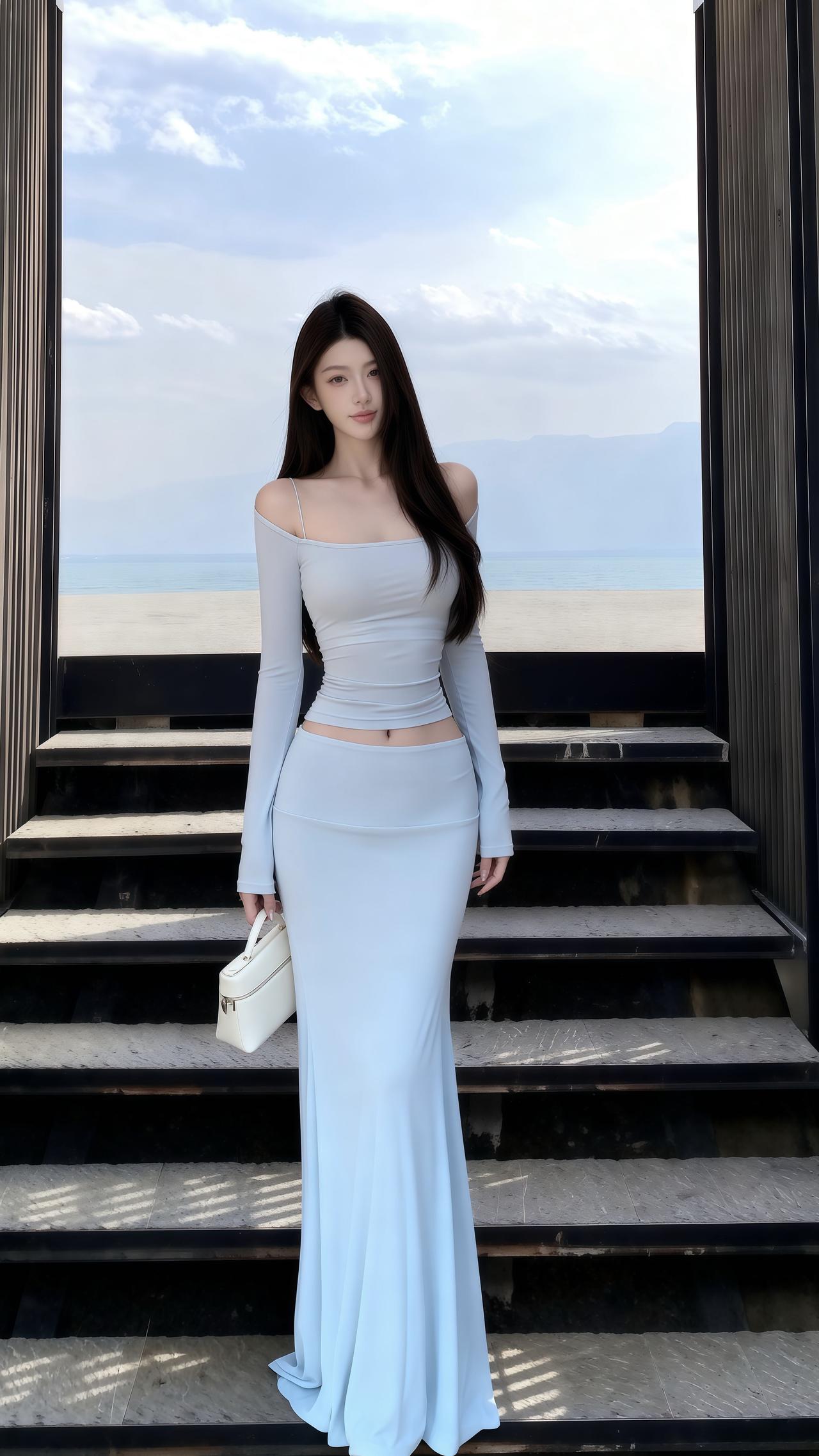 林晚刚落海滨城，换了便装倚在酒店台阶上，浅蓝裙角垂在石面。三小时前她还在客舱蹲身