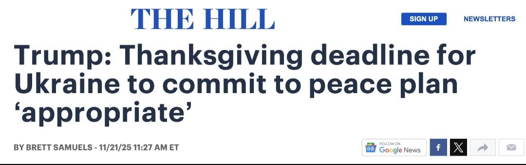 特朗普称：感恩节作为乌克兰同意和平计划的最后期限是“恰当的”。

特朗普在无预警