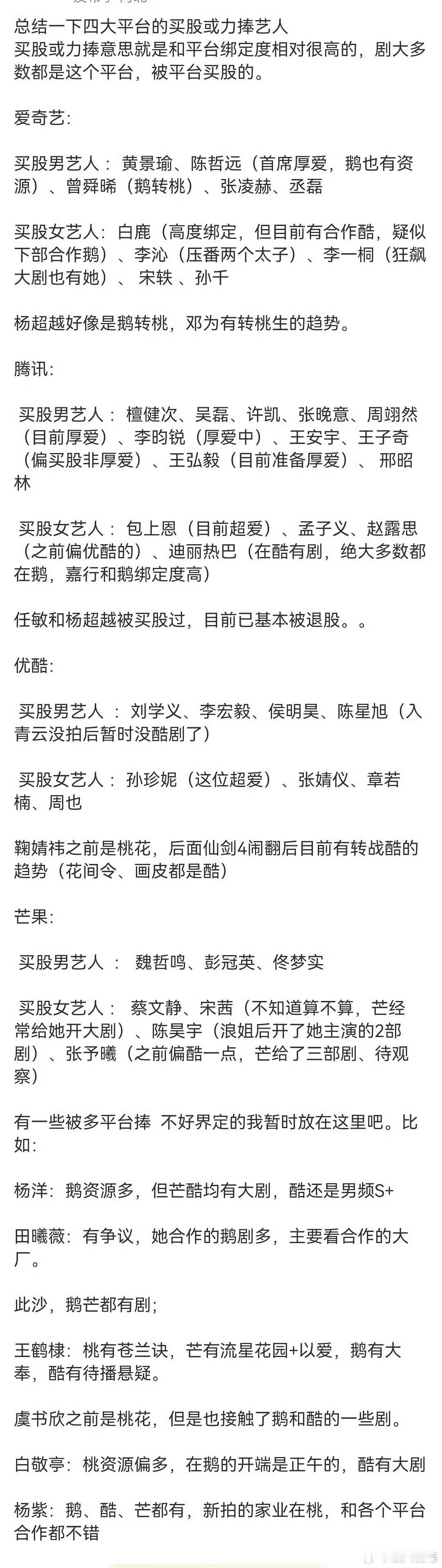 网友总结四大平台的买股或力捧艺人 