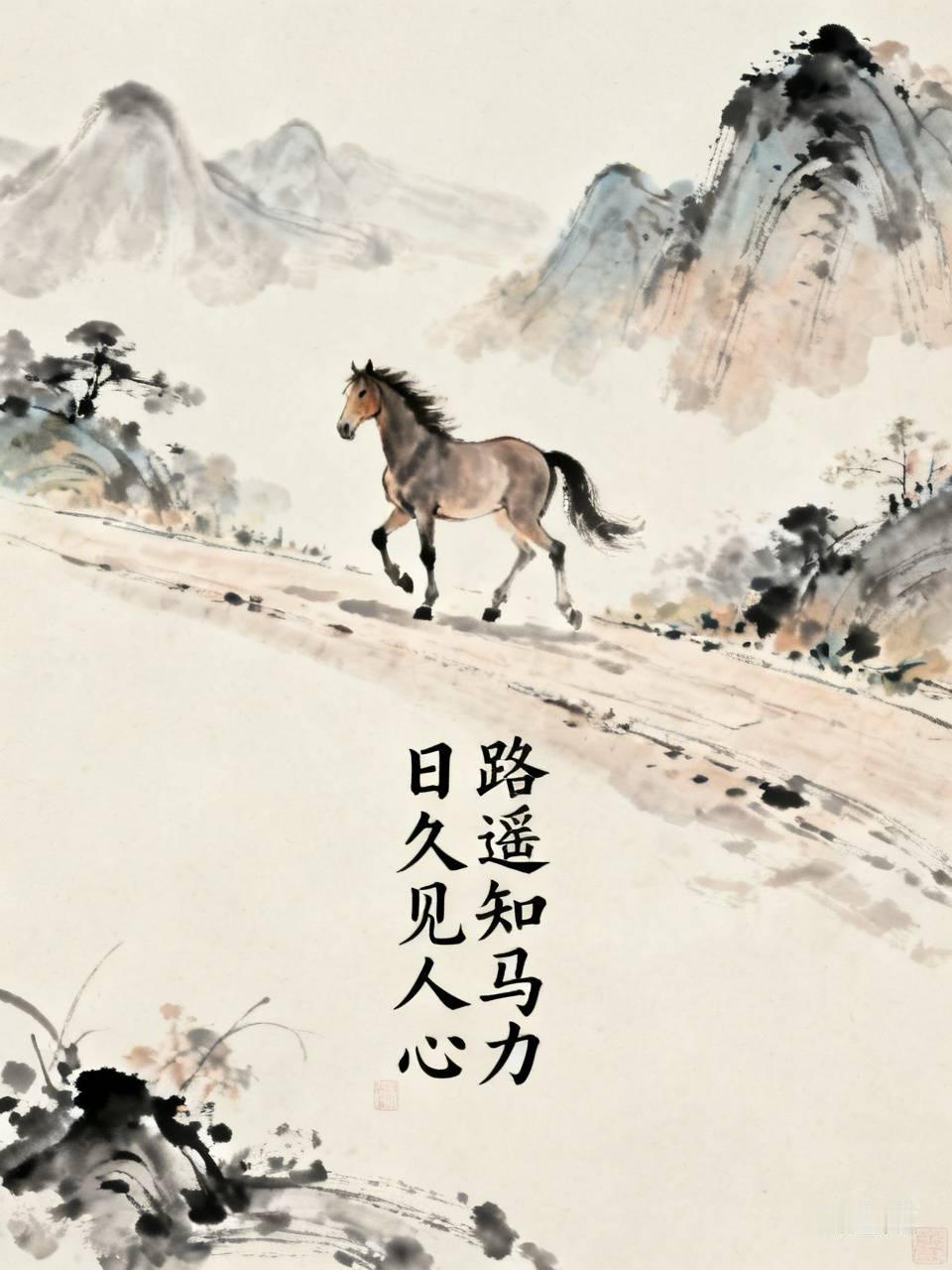 上联“路遥知马力”，经典下联是“日久见人心”。这短短十个字，蕴含着深刻的识人、处